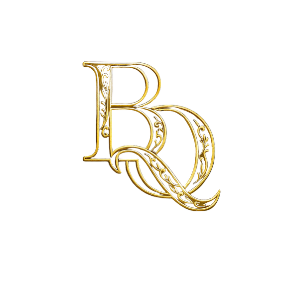 Decorative gold letter 'BQ' on a black background