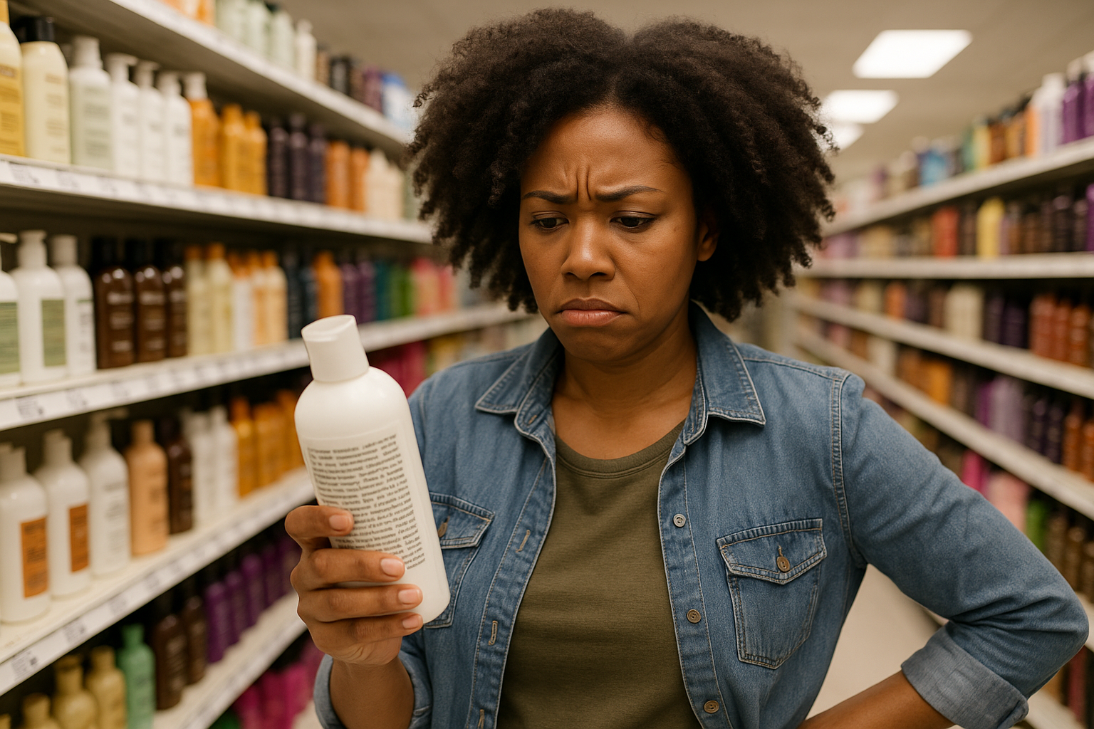 A black woman with a curly afro is shopping for  hair products but she is feeling frustrated. She can never find what she is looking for. She is looking at the label of the hair product only to see it's full of chemicals