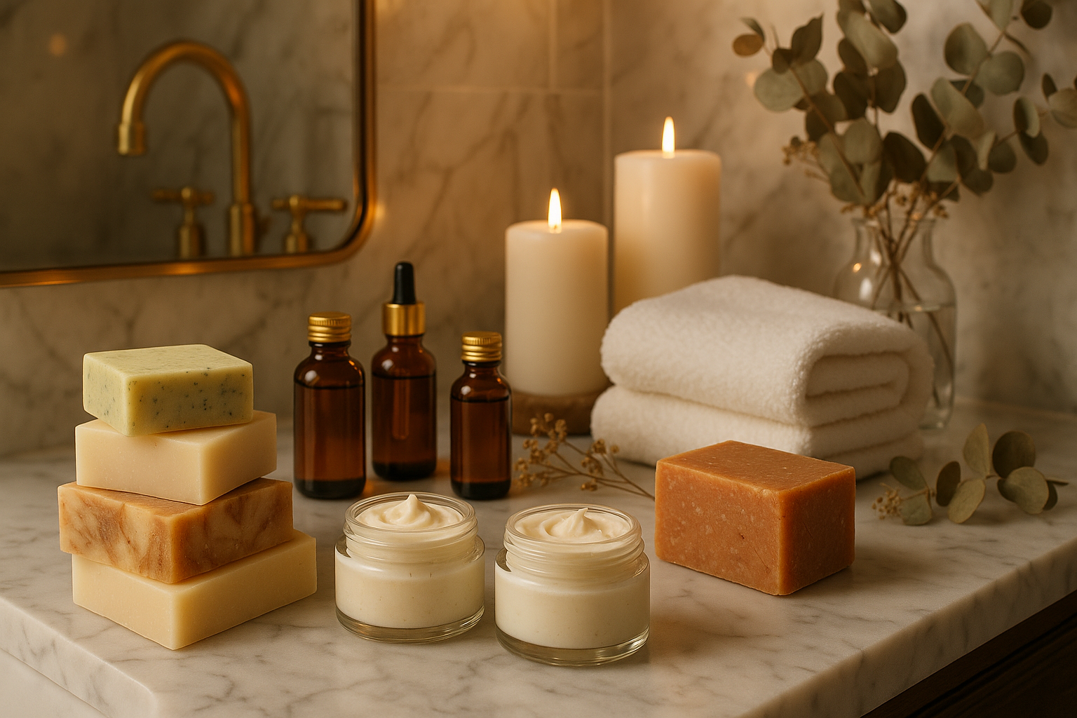 bars of soap and body butter and oils scattered around a luxury bathroom